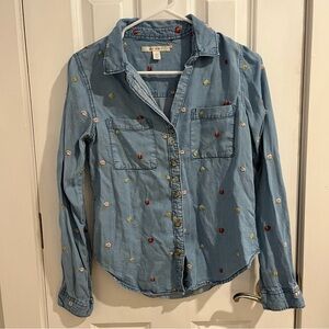 Denim Button Down Shirt with Embroidered Flowers